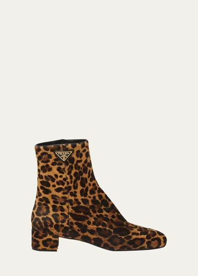 Prada Leopard Block-heel Zip Ankle Boots In Miele