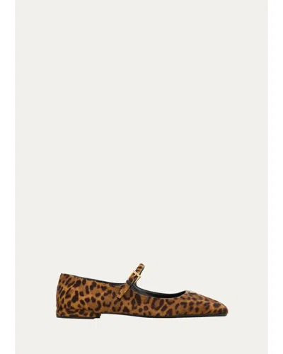 Prada Leopard Calf Hair Mary Jane Ballerina Flats In Brown
