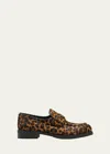 Prada Leopard Calf Hair Triangle Loafers In Miele