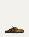 Prada Leopard Calf Hair Triangle Logo Mules In Brown