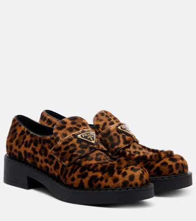 Prada Leopard-print Calf Hair Penny Loafers In Brown