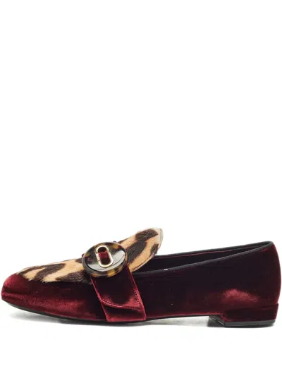 Pre-owned Prada Leopard-print Velvet Loafers In Red
