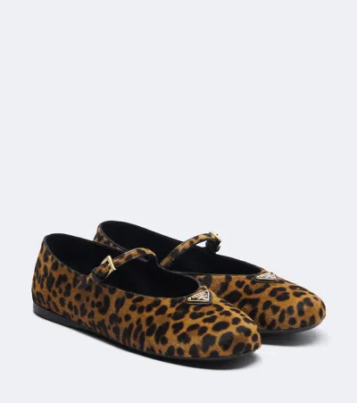 Prada Leopard-print Calf Hair Mary Jane Flats In Brown