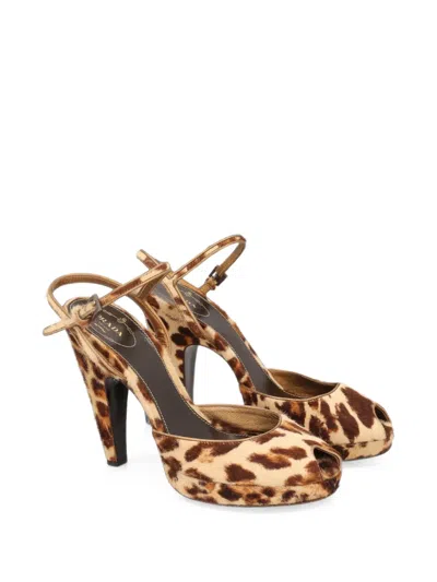 Pre-owned Prada Leopard-print Peep-toe Sandals In Neutrals