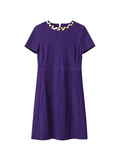 Pre-owned Prada Leopard-trim Lambskin Mini Dress In Purple