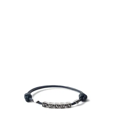 Prada Lettering-logo Leather Bracelet In Black