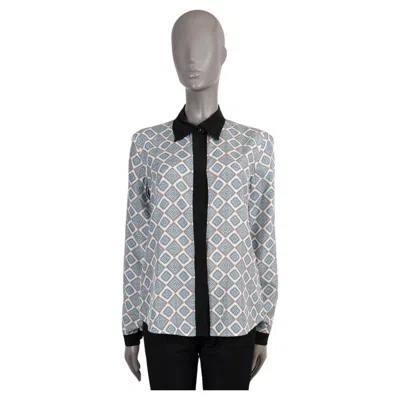 Pre-owned Prada Light Blue Black White Silk Geometric Special Edition Blouse Shirt 42 M