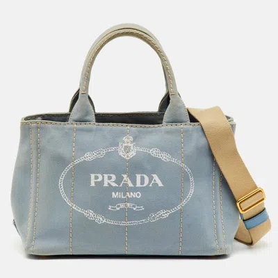 Pre-owned Prada Light Blue Canvas Logo Small Canapa Tote