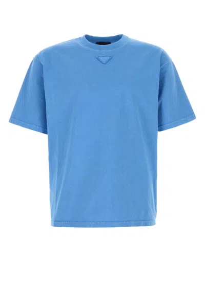 Prada Cotton Crew Neck Short Sleeve T Shirt In Blue
