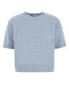 Prada Cable Knit Crew Neck Short Sleeve Sweater In Light Blue