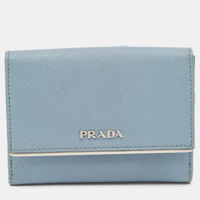 Pre-owned Prada Light Blue Leather Metal Bar French Wallet