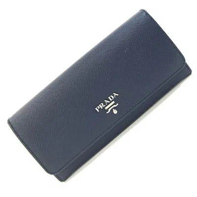 Pre-owned Prada Light Blue Navy Leather Long Wallet (bi-fold) () In Light Blue, Navy