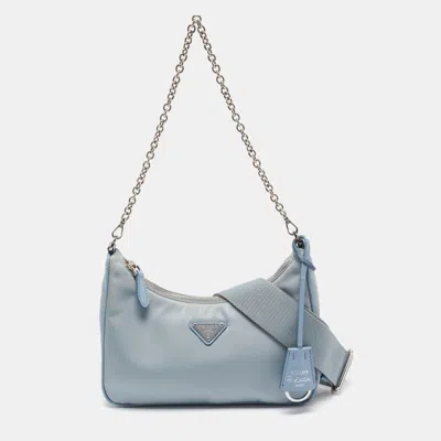 Pre-owned Prada Light Blue Nylon And Leather Re-edition 2005 Baguette Bag