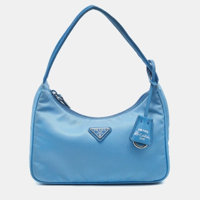Pre-owned Prada Light Blue Nylon Re-edition 2000 Baguette Bag