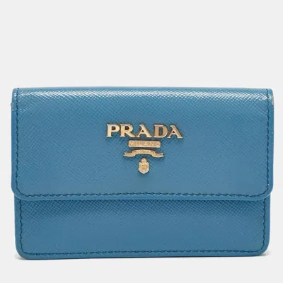 Pre-owned Prada Light Blue Saffiano Metal Leather Flap Card Holder