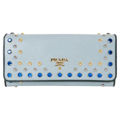 Pre-owned Prada Light Blue Saffiano Vernice Leather Crystal Studded Wallet 1m1132