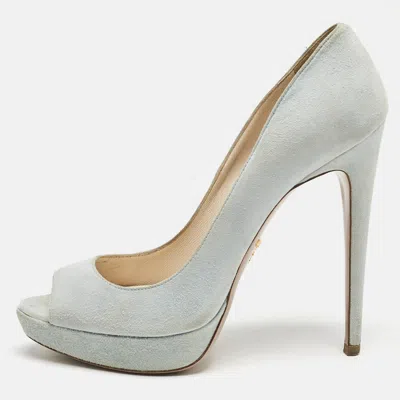 Pre-owned Prada Light Blue Suede Peep Toe Platform Pumps Size 38