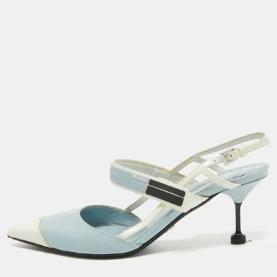 Pre-owned Prada Light Blue/white Leather And Rubber Pointed-toe Slingback Pumps Size 37