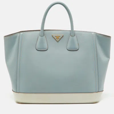 Pre-owned Prada Light Blue/white Saffiano Lux Leather Large Shopper Tote