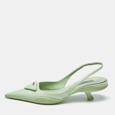 Pre-owned Prada Light Green Leather Logo Pointed Toe Slingback Pumps Size 35.5
