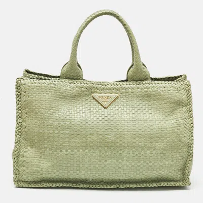 Pre-owned Prada Light Green Madras Leather Woven Tote
