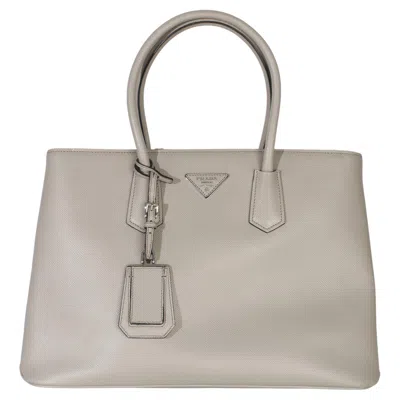 Pre-owned Prada Light Grey Saffiano Cuir Large Turnlock Twin Tote In Gray
