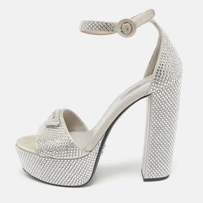 Pre-owned Prada Light Grey Satin Crystal Embellished Ankle Strap Platform Sandals Size 39 In Gray