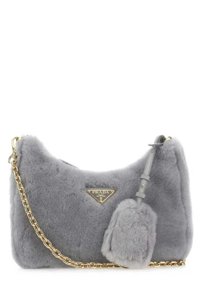 Prada Light Grey Shearling Shoulder Bag