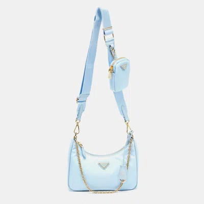 Prada Light Nylon And Leather Re-edition 2005 Baguette Bag In Blue