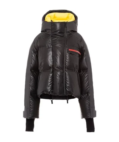 Prada Cropped Light Nylon Down Jacket In Black/yellow