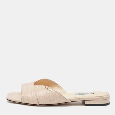 Pre-owned Prada Light Pink Croc Embossed Leather Flat Slide Sandals Size 40