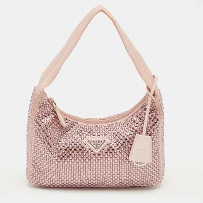Pre-owned Prada Light Pink Satin Re-edition 2000 Crystals Shoulder Bag