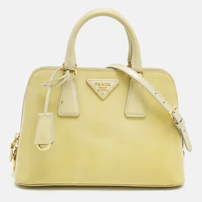 Pre-owned Prada Light Yellow Saffiano Patent Lux Leather Small Promenade Satchel