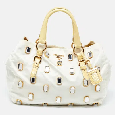 Pre-owned Prada Light Yellow/cream Nylon And Patent Leather Crystals Embellished Tote
