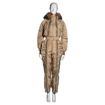 Pre-owned Prada Linea Ross Sand Padded Nylon Ski Suit With Fur Hood, Fw 1999 In Brown