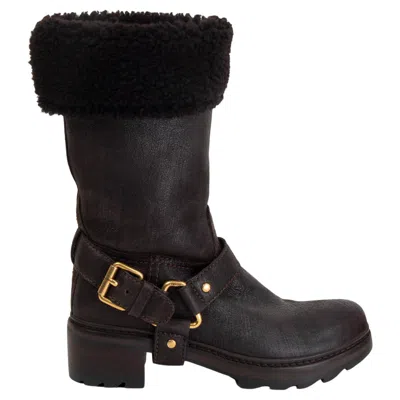 Pre-owned Prada Linea Rossa Dark Brown Leather Shearling Lined Harness Bike Boots Shoes 36