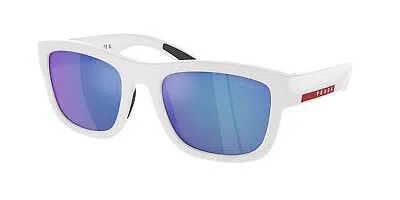 Pre-owned Prada Linea Rossa Ps 01zs Twk08r White Rubber Mirror Blue 56 Mm Men's Sunglasses In Light Green Mirror Blue