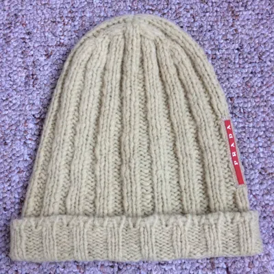 Pre-owned Prada Linea Rossea Logo Beanie Hat In Sand