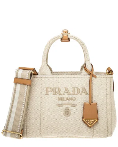 Prada Linen-blend Small Leather-trim Bag In Brown