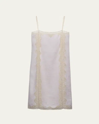 PRADA LINEN MIDI DRESS WITH LACE EMBROIDERY