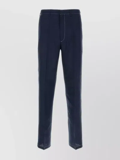 Prada Linen Trousers With Back Pockets And Belt Loops In Navy
