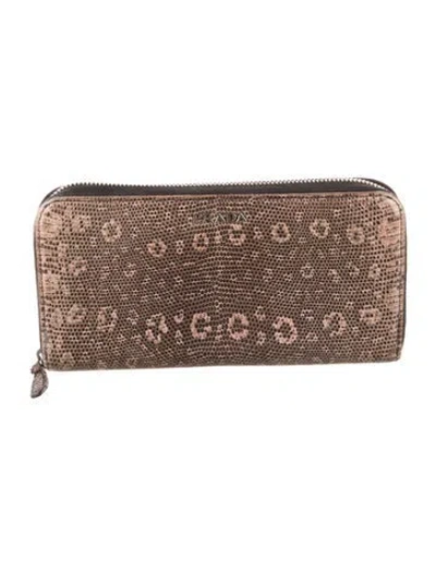 Pre-owned Prada Lizard Continental Wallet In Brown
