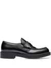 Prada Triangle Logo Chocolate Brushed Leather Loafers In Schwarz