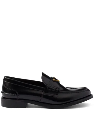 Prada Leather Loafers With Decorative Buckle And Round Toe In Black