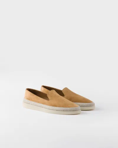 Prada Brown Suede Slip-on Flat Shoes With Textured Sole