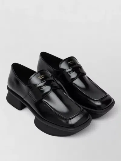 Prada Loafers Block Heel Shiny Finish Square Toe