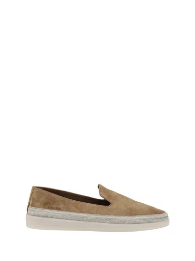 Prada Brown Suede Slip-on Flat Shoes With Textured Sole