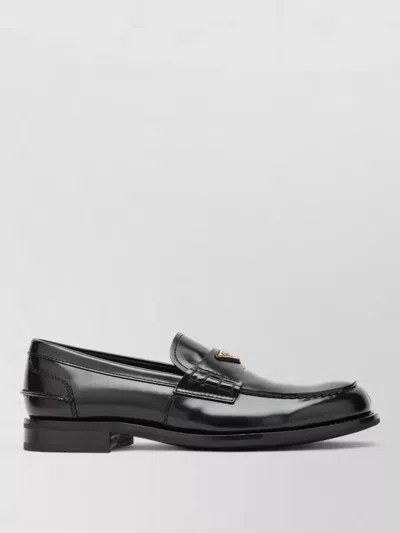 Prada Loafers Glossy Finish Round Toe Design In Black