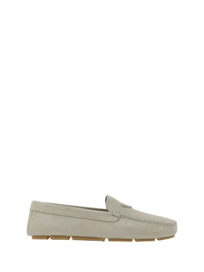 Prada Suede Boat Loafers In Ivory