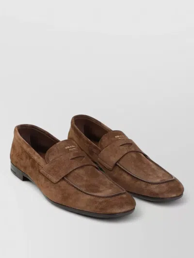 Prada Loafers Suede Finish Round Toe Design In Brown